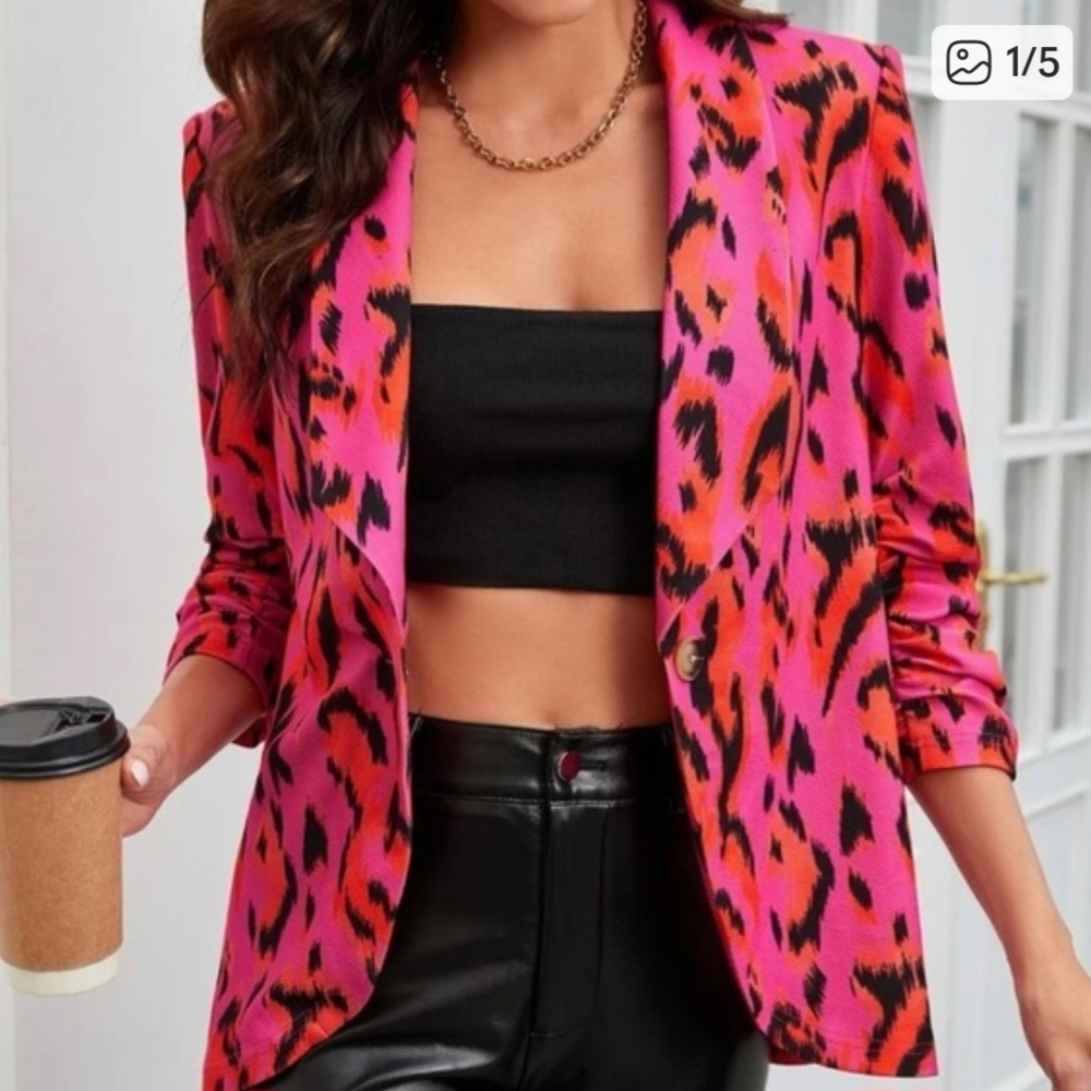 Vibrant Pink and Orange Leopard Print Blazer